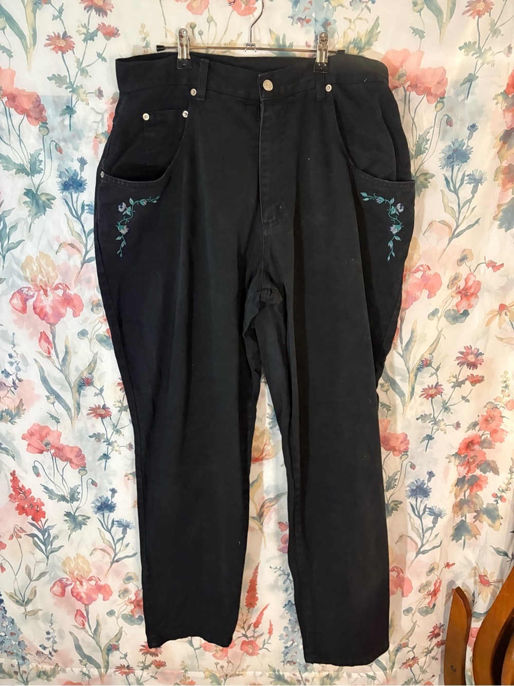 Vintage Black High-Waist Pants with Teal Floral Embroidery